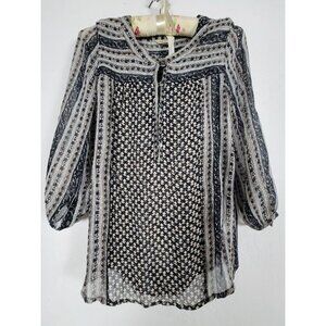 Lucky Brand Womens XS Black & Beige Mixed Print Sheer Blouse Top 3/4 Sleeve Boho